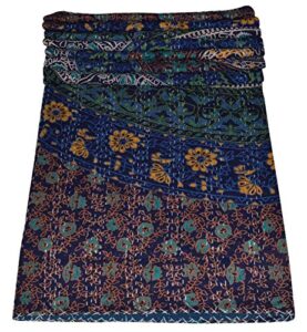 maviss homes indian handmade floral printed queen kantha quilt | traditional print | pure cotton vintage kantha throw blanket | home decore | super soft cozy vibe blanket; blue & multicolour