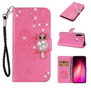 cotdinforca compatible with xiaomi redmi note 8 case glitter wallet case leather with card slots flip case for women crystal owl embossing shockproof case for xiaomi redmi note 8 pink yk
