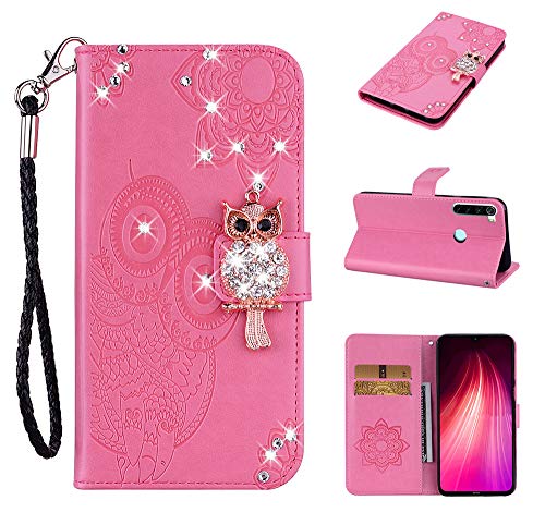 COTDINFORCA Compatible with Xiaomi Redmi Note 8 Case Glitter Wallet Case Leather with Card Slots Flip Case for Women Crystal Owl Embossing Shockproof Case for Xiaomi Redmi Note 8 Pink YK