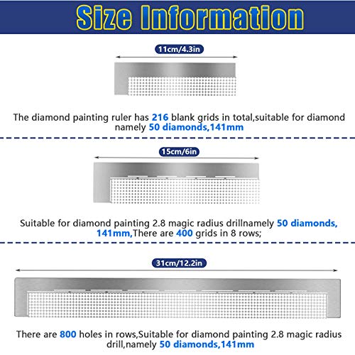 3 Pieces Diamond Painting Ruler Stainless Steel Diamond Mesh Ruler 5D Diamond Ruler Tool with 216, 400 and 800 Blank Grids, 2 Pieces Diamond Painting Fix Tool for DIY Diamond Painting Kits