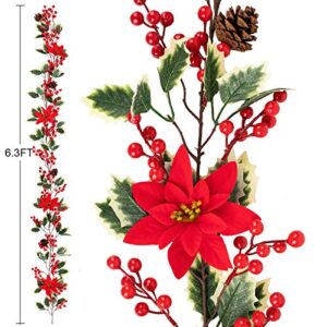 Mocoosy 6.3FT Red Berry Christmas Garland with Pine Cones and Poinsettia, Artificial Berries Garland Poinsettia Christmas Decorations for Indoor Outdoor Fireplace Winter Holiday Xmas Home Decor