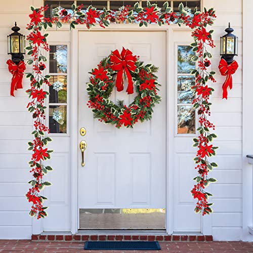 Mocoosy 6.3FT Red Berry Christmas Garland with Pine Cones and Poinsettia, Artificial Berries Garland Poinsettia Christmas Decorations for Indoor Outdoor Fireplace Winter Holiday Xmas Home Decor