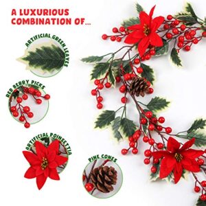 Mocoosy 6.3FT Red Berry Christmas Garland with Pine Cones and Poinsettia, Artificial Berries Garland Poinsettia Christmas Decorations for Indoor Outdoor Fireplace Winter Holiday Xmas Home Decor