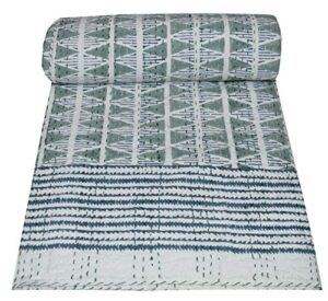 maviss homes hand block print kantha quilt | queen size cotton quilt | throw blanket bedspread |vintage kantha blanket |leightweight cozy soft blanket; white and blue