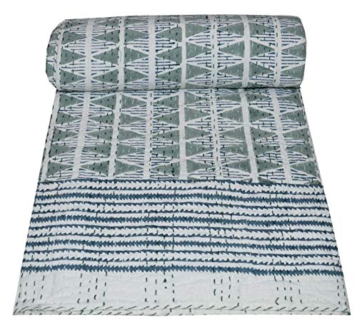 MAVISS HOMES Hand Block Print Kantha Quilt | Queen Size Cotton Quilt | Throw Blanket Bedspread |Vintage Kantha Blanket |Leightweight Cozy Soft Blanket; White and Blue