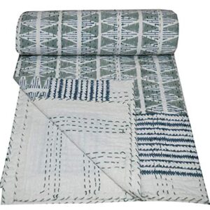 MAVISS HOMES Hand Block Print Kantha Quilt | Queen Size Cotton Quilt | Throw Blanket Bedspread |Vintage Kantha Blanket |Leightweight Cozy Soft Blanket; White and Blue
