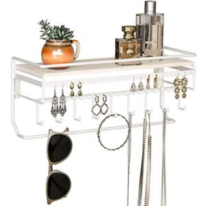 jackcubedesign hanging jewelry organizer with 9 hooks, wall mount necklace earring bracelet sunglass holder with wood shelf (white metal) - mk237d