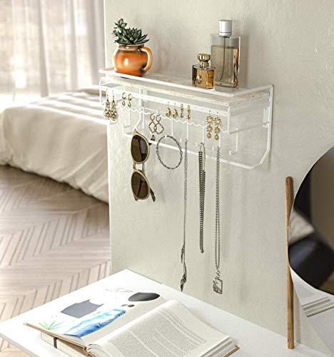 JackCubeDesign Hanging Jewelry Organizer with 9 Hooks, Wall Mount Necklace Earring Bracelet Sunglass Holder with Wood Shelf (White Metal) - MK237D