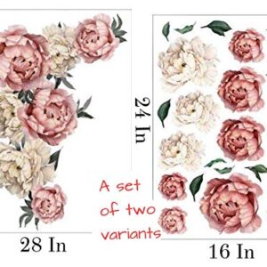 19 PCS Large and Medium Peony Rose Flowers Wall Decors Watercolor Stickers for Wall Background in Living Room Nursery Kids Bedroom Office and Work (Set of 2 Variants)