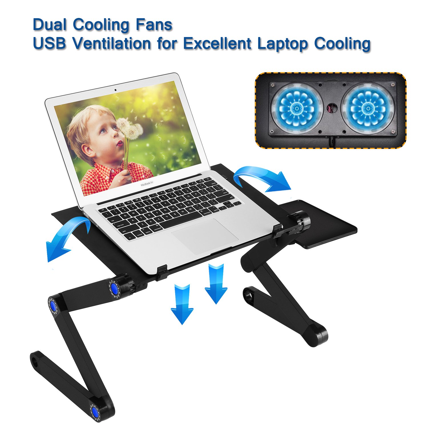 Laptop Table, Adjustable Laptop Bed Table, Laptop Computer Stand, Portable Laptop Workstation Notebook Stand Reading Holder with Large CPU Cooling Fan and Mouse Pad in Bed Couch Office Sofa