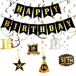 16th birthday decorations for boys- happy birthday banner black and 16th birthday hanging swirls, 16 birthday decorations boy, 16 birthday decorations