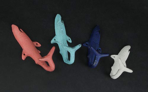 Set of 4 Cast Iron Coastal Shark Tail Wall Hooks Decorative Nautical Beach Bathroom Towel Or Coat Hanging Decor