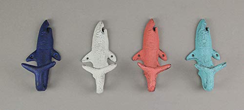 Set of 4 Cast Iron Coastal Shark Tail Wall Hooks Decorative Nautical Beach Bathroom Towel Or Coat Hanging Decor