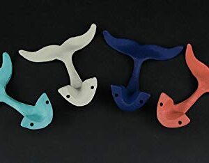 Set of 4 Cast Iron Whale Tail Wall Hooks Nautical Decorative Towel or Coat Hanging Beach House Coastal Accent Decor