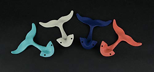 Set of 4 Cast Iron Whale Tail Wall Hooks Nautical Decorative Towel or Coat Hanging Beach House Coastal Accent Decor