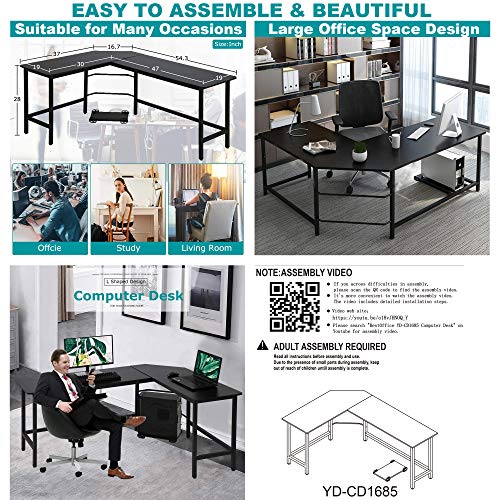 Modern Computer Desk Gaming Desk PC Office L Shaped Desk with Free CPU Stand, Best Wood Steel Home Large Work Space Corner Study Desk Workstation, Space-Saving, Easy to Assemble, Super Durable - Black