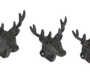 Zeckos Set of 3 Rustic Brown Cast Iron Deer Head Decorative Wall Hooks Lodge Décor 4.25 Inches Long
