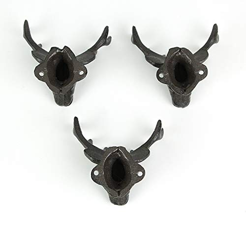 Zeckos Set of 3 Rustic Brown Cast Iron Deer Head Decorative Wall Hooks Lodge Décor 4.25 Inches Long