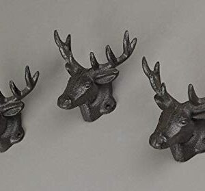 Zeckos Set of 3 Rustic Brown Cast Iron Deer Head Decorative Wall Hooks Lodge Décor 4.25 Inches Long