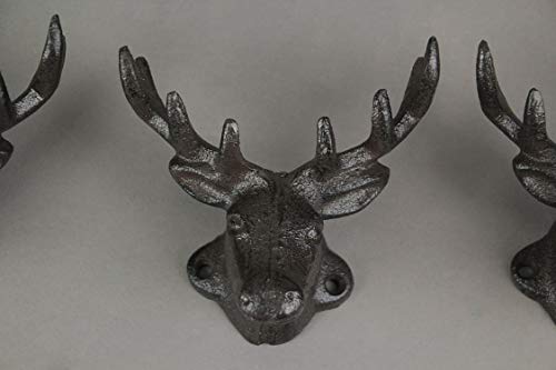 Zeckos Set of 3 Rustic Brown Cast Iron Deer Head Decorative Wall Hooks Lodge Décor 4.25 Inches Long