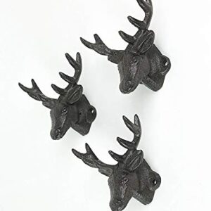 Zeckos Set of 3 Rustic Brown Cast Iron Deer Head Decorative Wall Hooks Lodge Décor 4.25 Inches Long