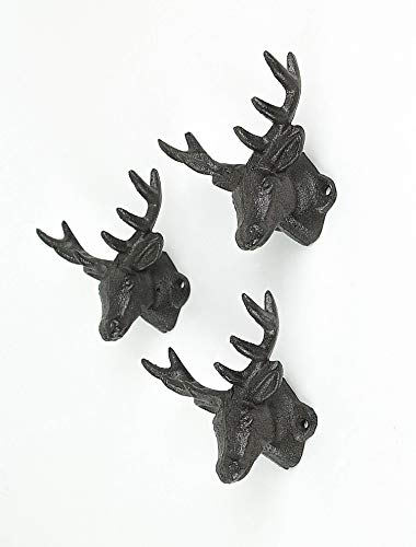 Zeckos Set of 3 Rustic Brown Cast Iron Deer Head Decorative Wall Hooks Lodge Décor 4.25 Inches Long