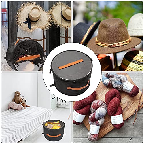 Foldable Hat Box,Round Hat Storage Box with Lid, Stuffed Animal Toy Storage Box, Large Pop-Up Hat Storage Bag, Men and Women Travel Hat box, 17 In Black