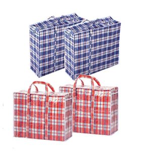 set of 4 extra-large jumbo plastic checkered storage laundry shopping moving bags w. zipper & handles size 27"x23"x5"- color may vary