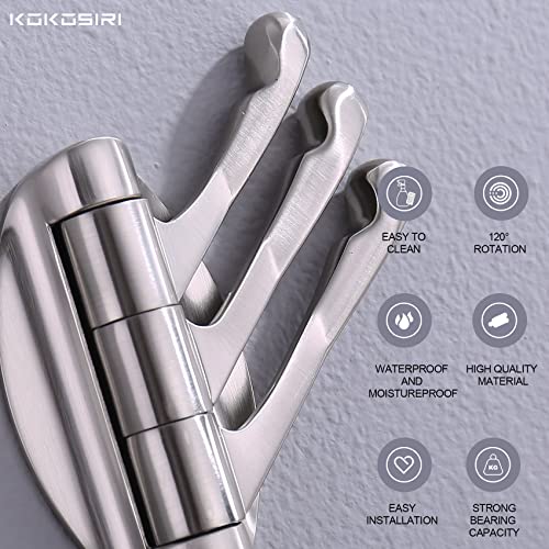 KOKOSIRI Swivel Hooks Solid Metal Foldable Towel Hooks with Multi Three Rotating Arms Swing Arm Triple Robe Hook Hanger, Wall Mounted, Brushed Nickel, B1009BR-P2