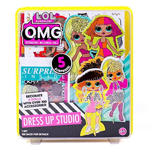 LOL OMG Dress Up Studio by Horizon Group USA, Decorate 4 Dolls with Over 100 Accessories, DIY Fashion Craft Kit, Mix & Match Fabrics & Patterns, Use Gemstones, Stickers & More