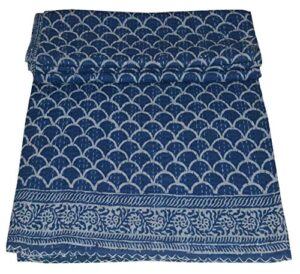maviss homes hand block print kantha quilt | queen size cotton vintage kantha throw blanket bedspread | super soft cozy vibe blanket; blue