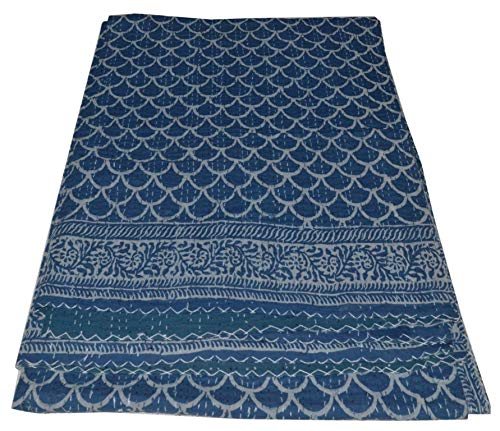 MAVISS HOMES Hand Block Print Kantha Quilt | Queen Size Cotton Vintage Kantha Throw Blanket Bedspread | Super Soft Cozy Vibe Blanket; Blue