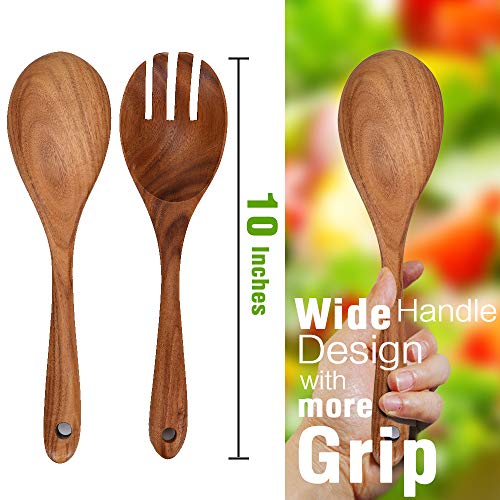 Wooden Acacia Salad Servers 10-inch, Set of 2, Salad Spoon and Fork Set, 100% Natural Hand Carved Wooden Utensils for Serving Salad