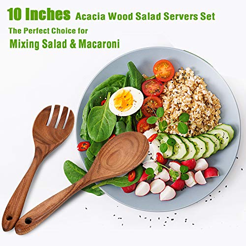 Wooden Acacia Salad Servers 10-inch, Set of 2, Salad Spoon and Fork Set, 100% Natural Hand Carved Wooden Utensils for Serving Salad