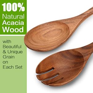 Wooden Acacia Salad Servers 10-inch, Set of 2, Salad Spoon and Fork Set, 100% Natural Hand Carved Wooden Utensils for Serving Salad