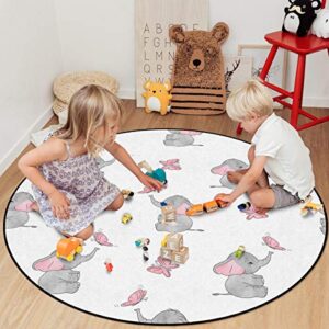 OUR DREAMS Round Area Rugs Children Crawling Mat,Elephant Nursery Decor Residential Carpet for Living Dining Room Kitchen Rugs Decor,Baby Elephants Playing with Butterflies Lovely Kids Room,3Ft(36In)