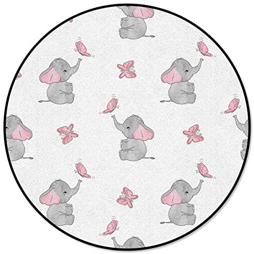 OUR DREAMS Round Area Rugs Children Crawling Mat,Elephant Nursery Decor Residential Carpet for Living Dining Room Kitchen Rugs Decor,Baby Elephants Playing with Butterflies Lovely Kids Room,3Ft(36In)