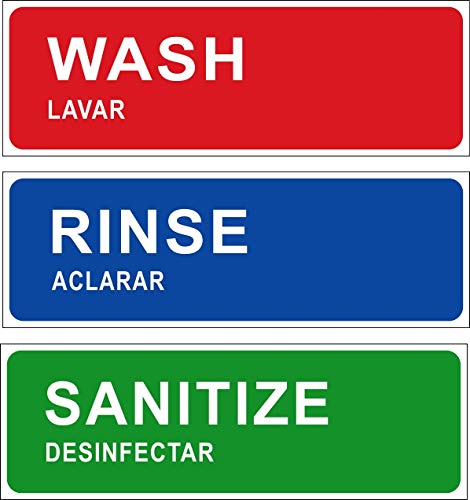 Outdoor/Indoor 9" x 3" - Wash, Rinse, Sanitize Sink Labels for 3 Compartment Sink - Back Adhesive Sticker Signs for Restaurants, Commercial Kitchens, Food Trucks, Dish Washing or Wash Station etc.