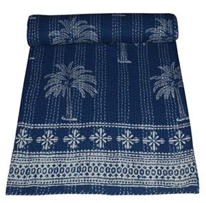 maviss homes indian handmade vintage palm tree printed kantha quilt | throw blanket bedspread | home décor | super soft cozy vibe blanket; blue