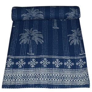 MAVISS HOMES Indian Handmade Vintage Palm Tree Printed Kantha Quilt | Throw Blanket Bedspread | Home Décor | Super Soft Cozy Vibe Blanket; Blue