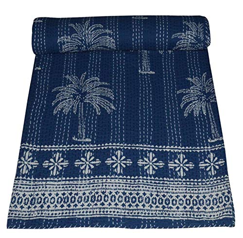 MAVISS HOMES Indian Handmade Vintage Palm Tree Printed Kantha Quilt | Throw Blanket Bedspread | Home Décor | Super Soft Cozy Vibe Blanket; Blue