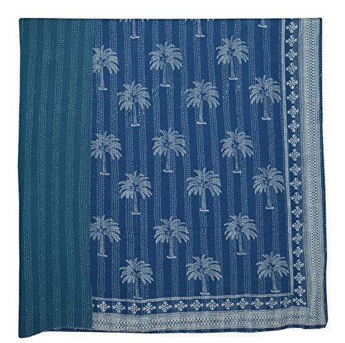 MAVISS HOMES Indian Handmade Vintage Palm Tree Printed Kantha Quilt | Throw Blanket Bedspread | Home Décor | Super Soft Cozy Vibe Blanket; Blue