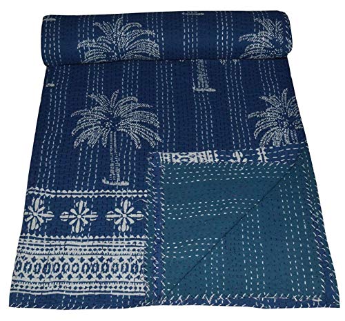 MAVISS HOMES Indian Handmade Vintage Palm Tree Printed Kantha Quilt | Throw Blanket Bedspread | Home Décor | Super Soft Cozy Vibe Blanket; Blue