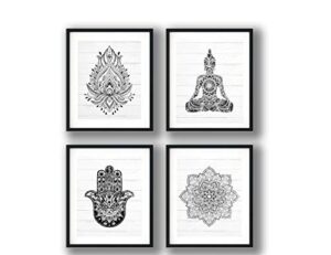 ferrisbuilt black and white buddha, hamsa hands, mandala and lotus flower, eclectic wall art, boho decor, indie decor - set of (4) 8x10 unframed prints