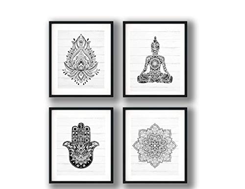 FerrisBuilt Black and White Buddha, Hamsa Hands, Mandala and Lotus Flower, Eclectic Wall Art, Boho Decor, Indie Decor - Set of (4) 8x10 UNFRAMED Prints