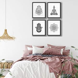 FerrisBuilt Black and White Buddha, Hamsa Hands, Mandala and Lotus Flower, Eclectic Wall Art, Boho Decor, Indie Decor - Set of (4) 8x10 UNFRAMED Prints