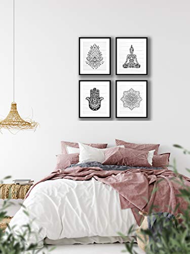 FerrisBuilt Black and White Buddha, Hamsa Hands, Mandala and Lotus Flower, Eclectic Wall Art, Boho Decor, Indie Decor - Set of (4) 8x10 UNFRAMED Prints