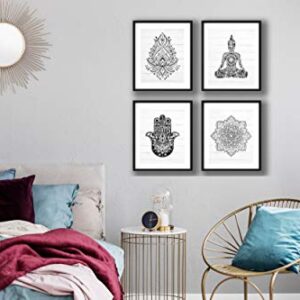 FerrisBuilt Black and White Buddha, Hamsa Hands, Mandala and Lotus Flower, Eclectic Wall Art, Boho Decor, Indie Decor - Set of (4) 8x10 UNFRAMED Prints