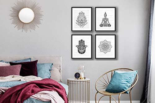 FerrisBuilt Black and White Buddha, Hamsa Hands, Mandala and Lotus Flower, Eclectic Wall Art, Boho Decor, Indie Decor - Set of (4) 8x10 UNFRAMED Prints