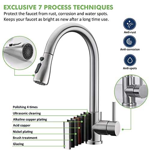 Kitchen Sink Faucet, Kitchen Faucet Stainless Steel with Pull Down Sprayer Brushed Nickel Commercial Modern High arc Single Handle Single Hole Pull Out Kitchen Faucets for Bar Laundry rv Utility Sink